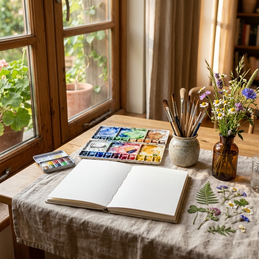 Sunlit worktable with watercolors, brushes and wildflowers